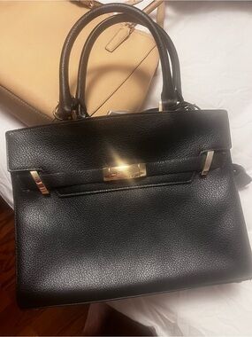 Calvin Klein Structured Black Leather Top-Handle Tote with Crossbody Strap New